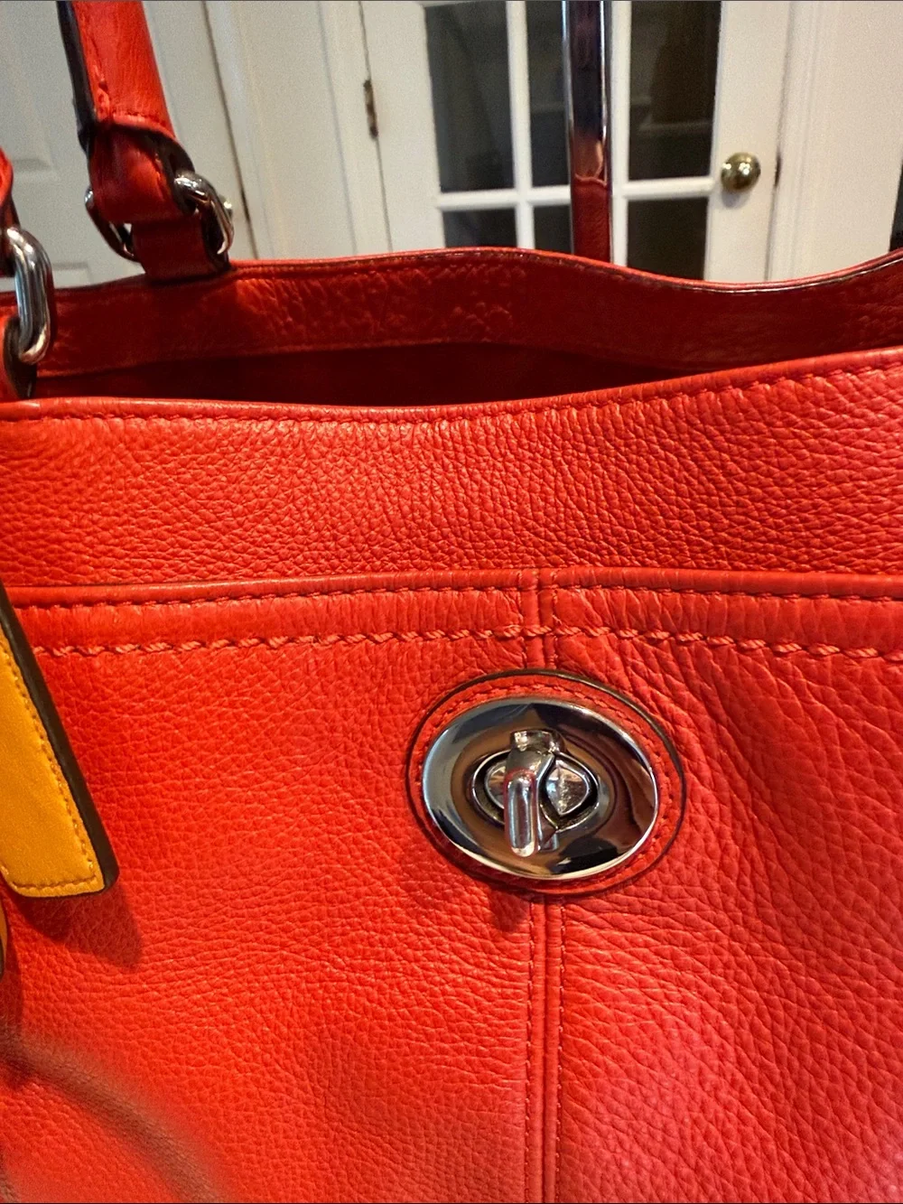 Coach Park Red Leather Carry All Totr with Yellow Tag Accent